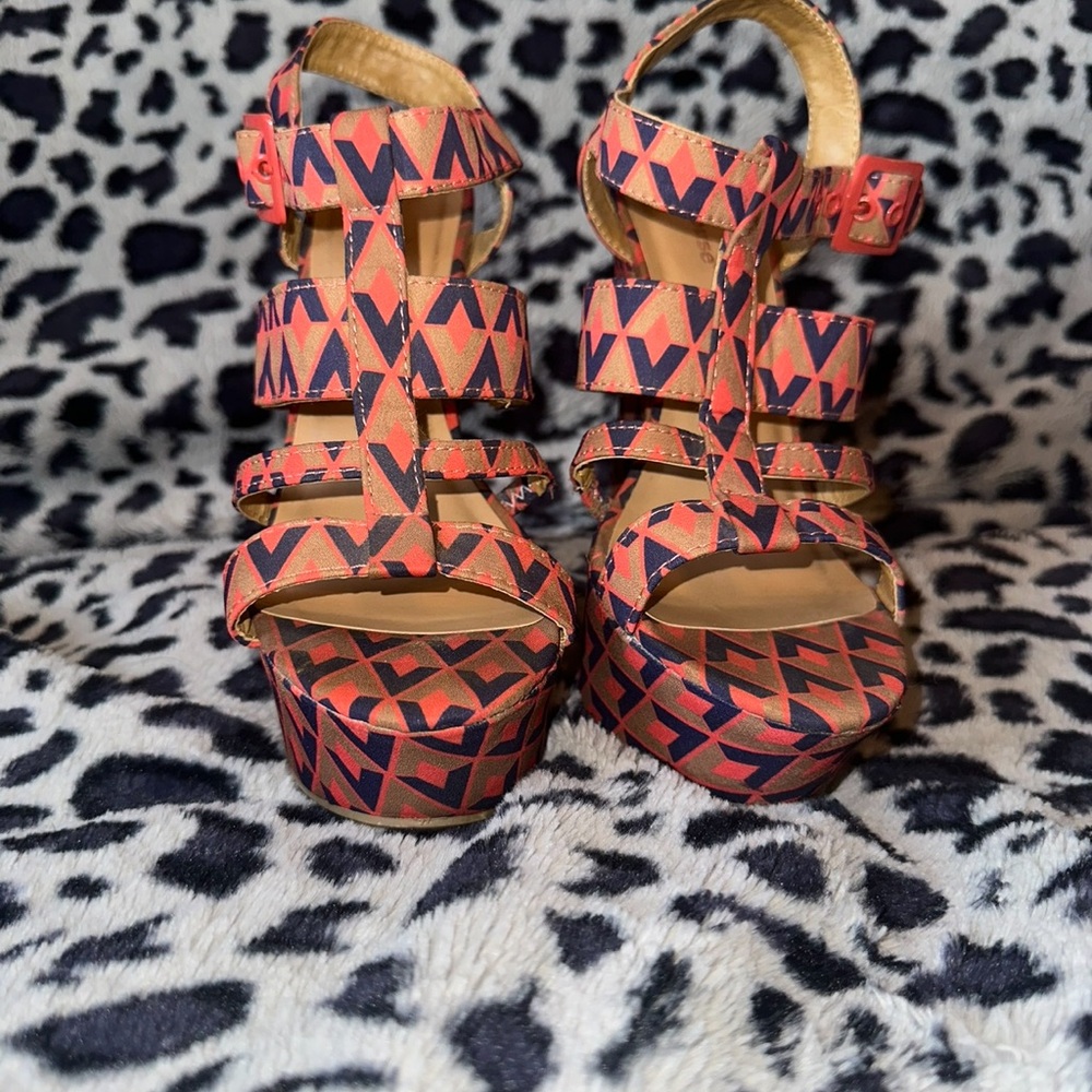 Dollhouse Orange and Black Platform Shoes with Geometric Design